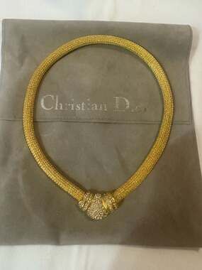 Vintage Christian Dior Gold Tone Mesh Choker Necklace with Rhinestone Centerpiec